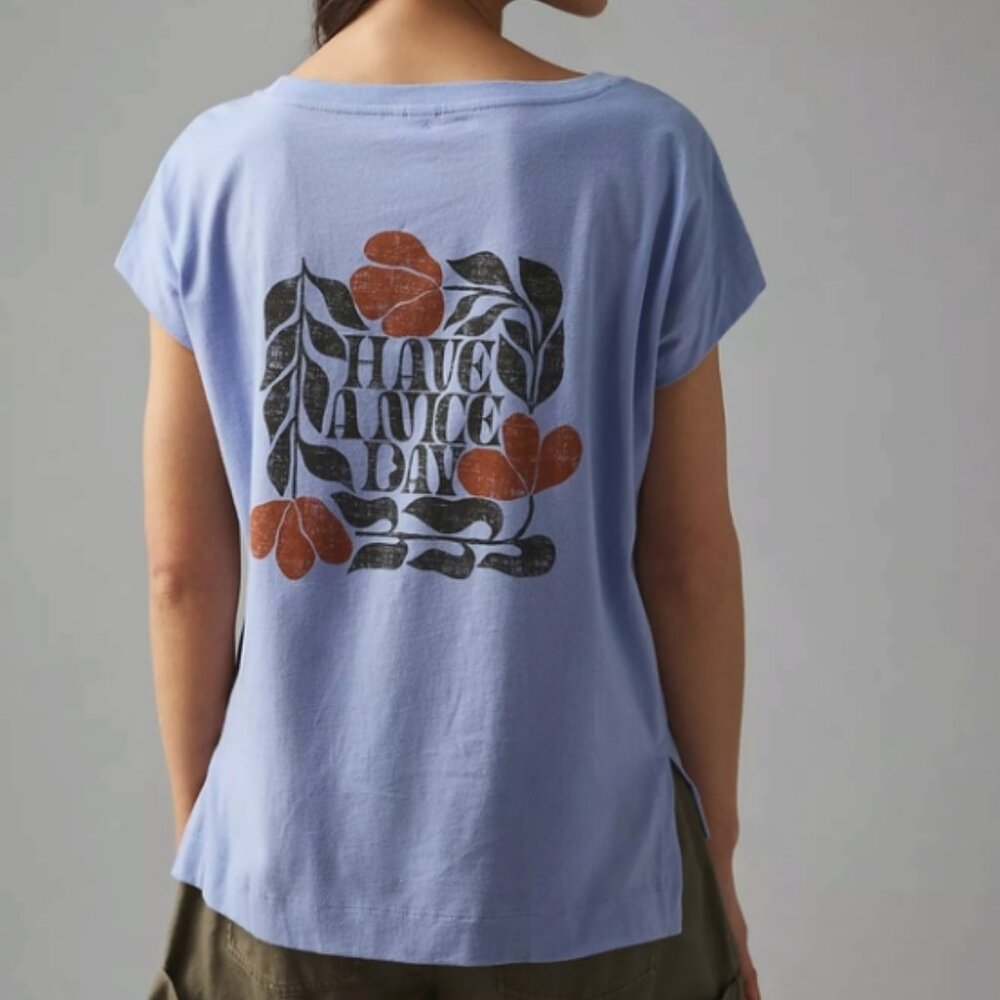 Anthropologie Light Blue Graphic Tee with Rust Floral Print